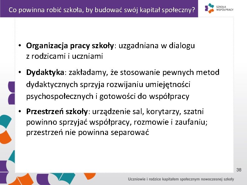 Co powinna robić szkoła, by budować swój kapitał społeczny? • Organizacja pracy szkoły: uzgadniana