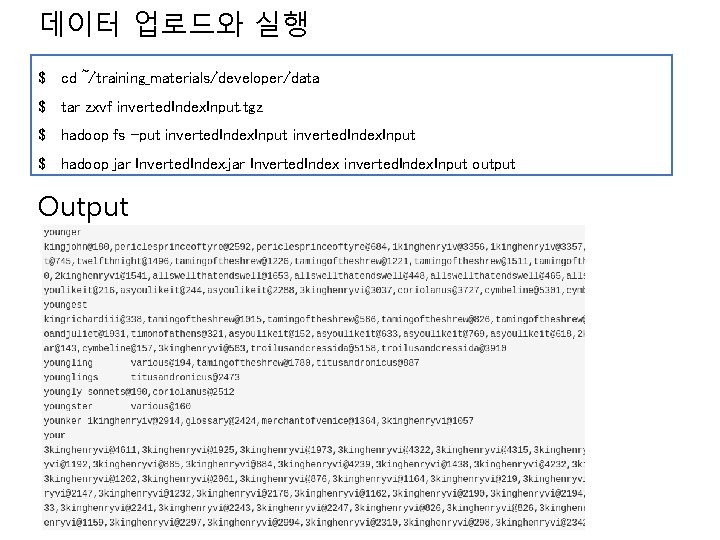 데이터 업로드와 실행 $ cd ~/training_materials/developer/data $ tar zxvf inverted. Index. Input. tgz $