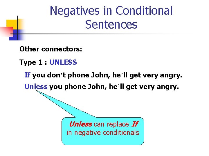 Negatives in Conditional Sentences Other connectors: Type 1 : UNLESS If you don’t phone