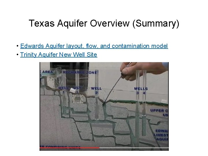 Texas Aquifer Overview (Summary) • Edwards Aquifer layout, flow, and contamination model • Trinity