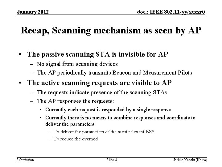 January 2012 doc. : IEEE 802. 11 -yy/xxxxr 0 Recap, Scanning mechanism as seen