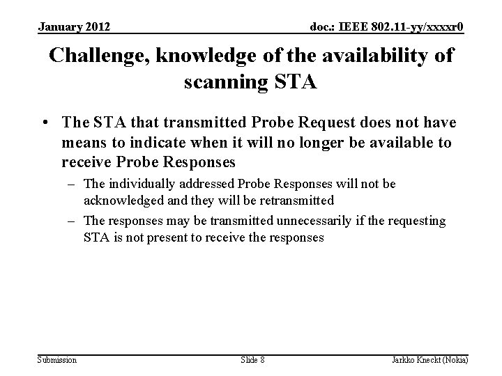 January 2012 doc. : IEEE 802. 11 -yy/xxxxr 0 Challenge, knowledge of the availability