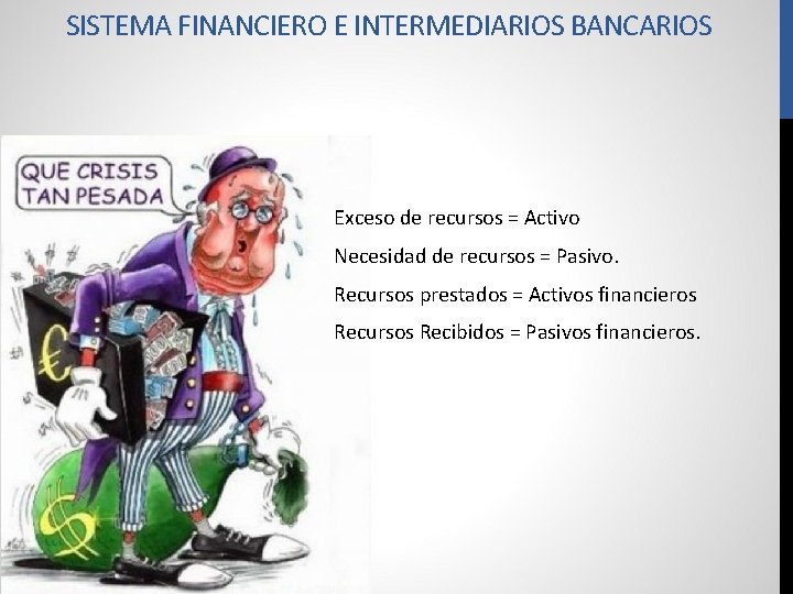 SISTEMA FINANCIERO E INTERMEDIARIOS BANCARIOS Exceso de recursos = Activo Necesidad de recursos =