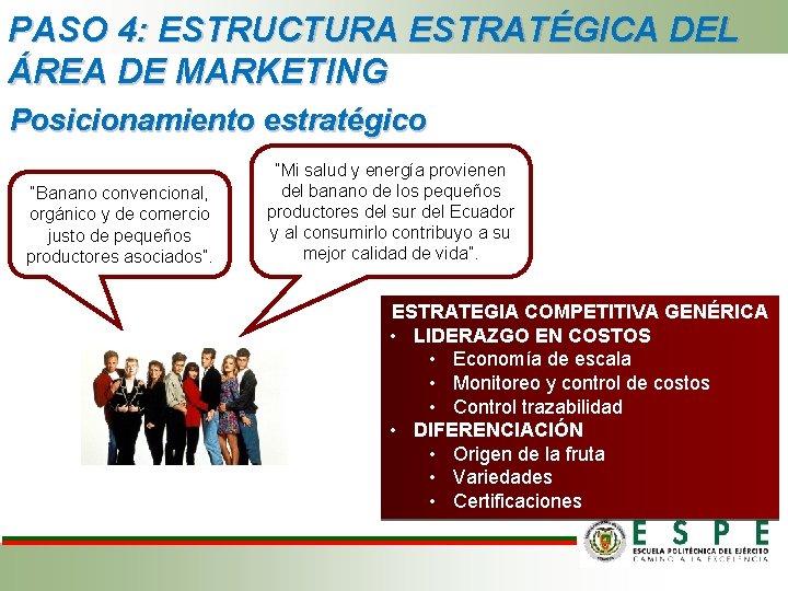 PASO 4: ESTRUCTURA ESTRATÉGICA DEL ÁREA DE MARKETING Posicionamiento estratégico “Banano convencional, orgánico y PASO 4: ESTRUCTURA ESTRATÉGICA DEL ÁREA DE MARKETING Posicionamiento estratégico “Banano convencional, orgánico y