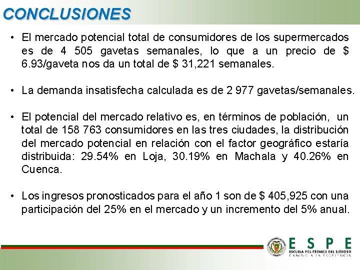 CONCLUSIONES • El mercado potencial total de consumidores de los supermercados es de 4 CONCLUSIONES • El mercado potencial total de consumidores de los supermercados es de 4