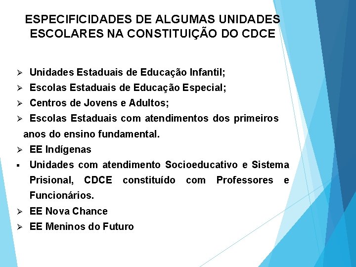 ESPECIFICIDADES DE ALGUMAS UNIDADES ESCOLARES NA CONSTITUIÇÃO DO CDCE Ø Unidades Estaduais de Educação