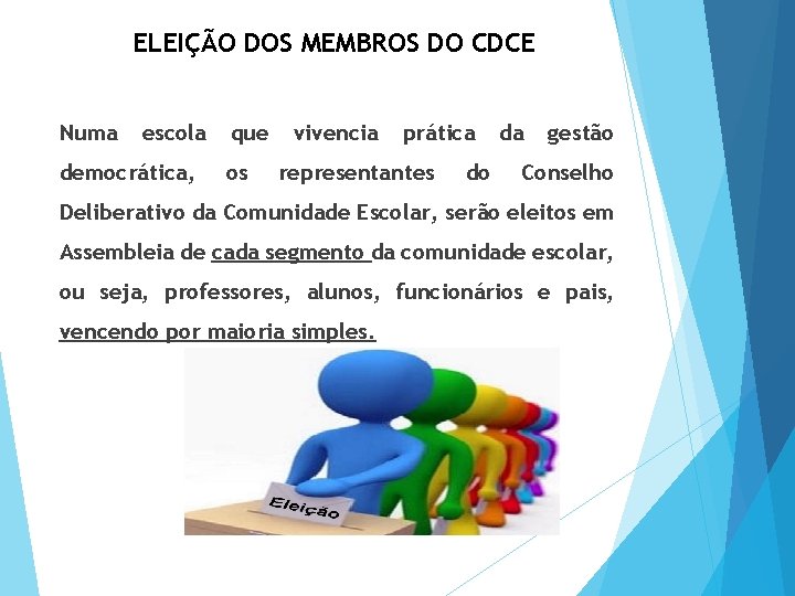 ELEIÇÃO DOS MEMBROS DO CDCE Numa escola democrática, que os vivencia prática representantes do