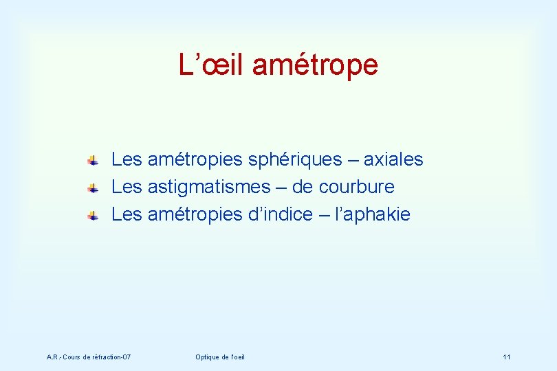 L’œil amétrope Les amétropies sphériques – axiales Les astigmatismes – de courbure Les amétropies