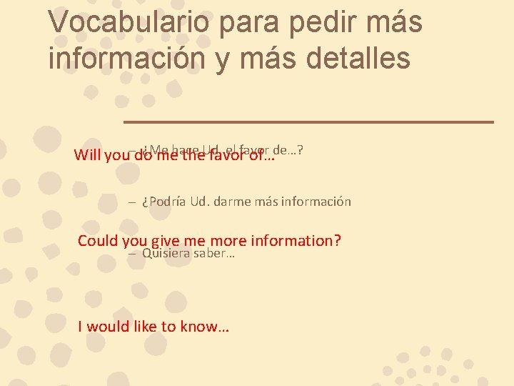 Vocabulario para pedir más información y más detalles ¿Me el favor Will you–do mehace