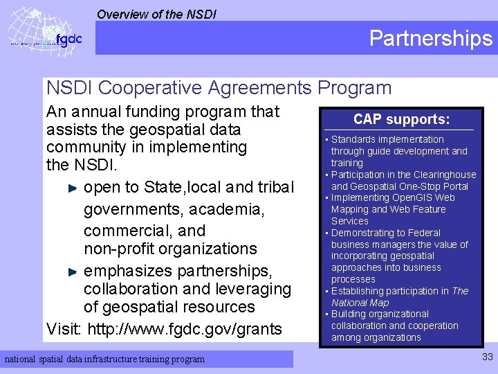 Overview of the NSDI Partnerships NSDI Cooperative Agreements Program An annual funding program that