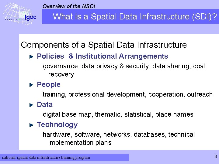 Overview of the NSDI What is a Spatial Data Infrastructure (SDI)? Components of a