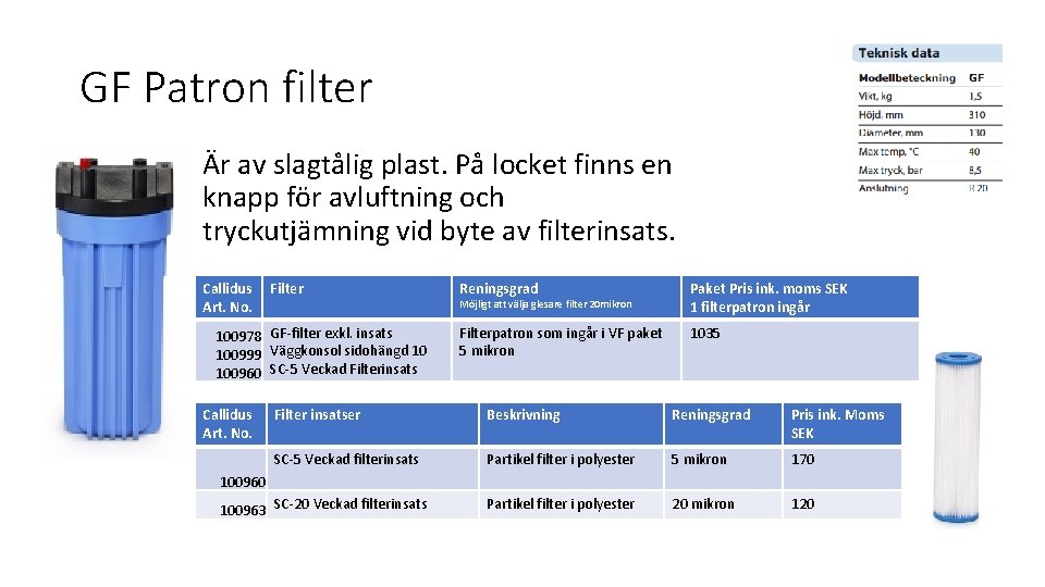 GF Patron filter Är av slagtålig plast. På locket finns en knapp för avluftning