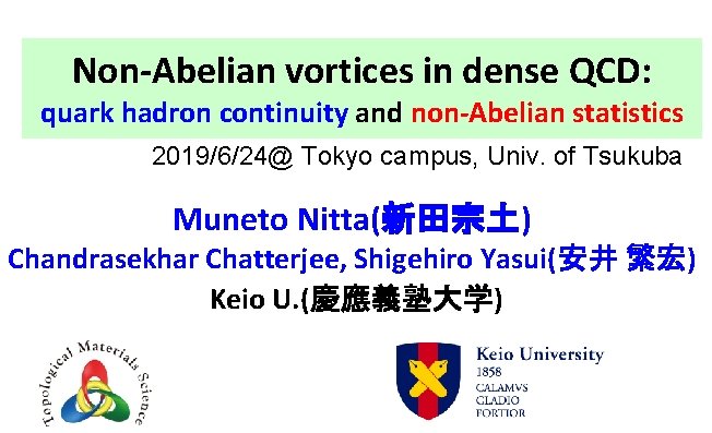 Non-Abelian vortices in dense QCD: quark hadron continuity and non-Abelian statistics 2019/6/24@ Tokyo campus,