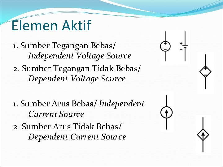 Elemen Aktif 1. Sumber Tegangan Bebas/ Independent Voltage Source 2. Sumber Tegangan Tidak Bebas/