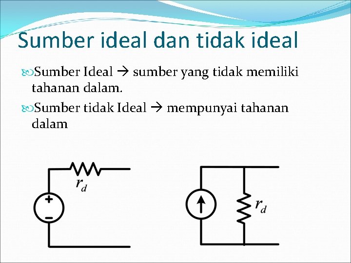 Sumber ideal dan tidak ideal Sumber Ideal sumber yang tidak memiliki tahanan dalam. Sumber