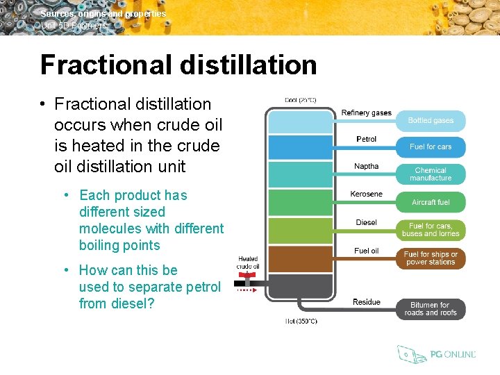 Sources, origins and properties Unit 5 D Polymers Fractional distillation • Fractional distillation occurs