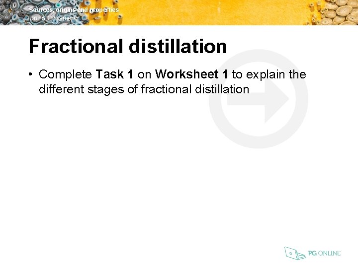 Sources, origins and properties Unit 5 D Polymers Fractional distillation • Complete Task 1