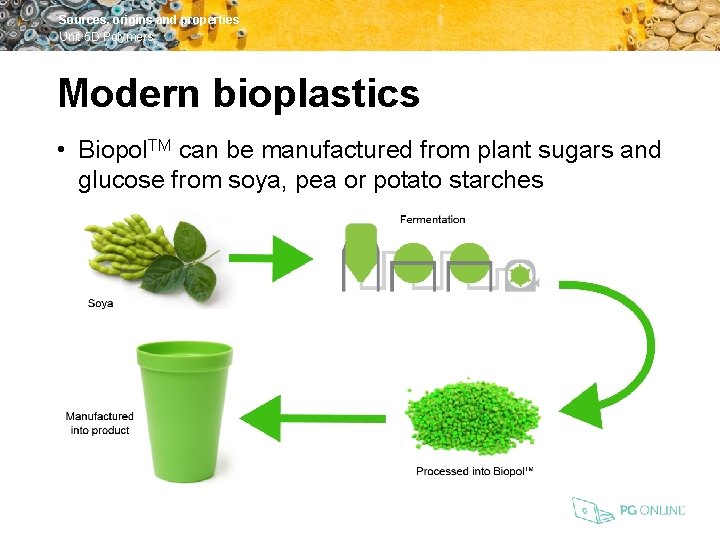 Sources, origins and properties Unit 5 D Polymers Modern bioplastics • Biopol. TM can