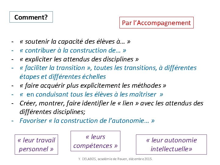 Comment? - Par l’Accompagnement « soutenir la capacité des élèves à… » « contribuer