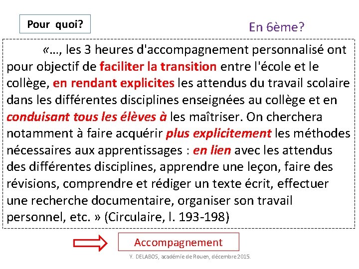 Pour quoi? En 6ème? «…, les 3 heures d'accompagnement personnalisé ont pour objectif de
