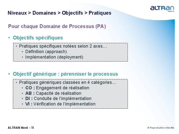 Niveaux > Domaines > Objectifs > Pratiques Pour chaque Domaine de Processus (PA) •