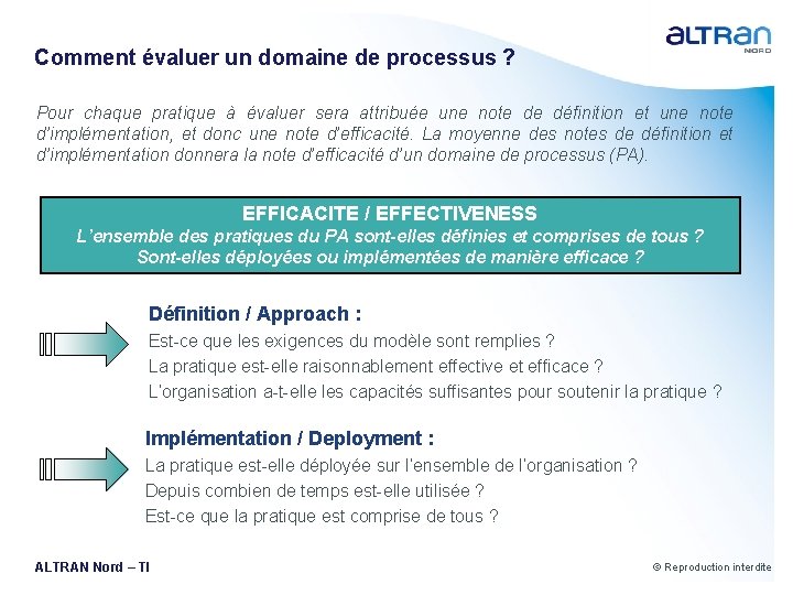 Comment évaluer un domaine de processus ? Pour chaque pratique à évaluer sera attribuée