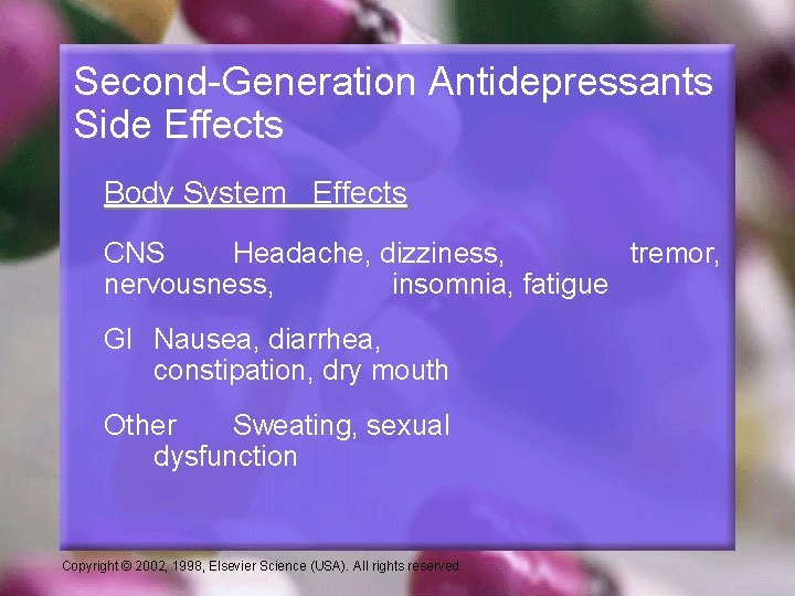 Second-Generation Antidepressants Side Effects Body System Effects CNS Headache, dizziness, tremor, nervousness, insomnia, fatigue