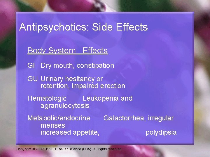 Antipsychotics: Side Effects Body System Effects GI Dry mouth, constipation GU Urinary hesitancy or