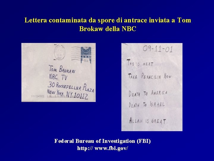 Lettera contaminata da spore di antrace inviata a Tom Brokaw della NBC Federal Bureau