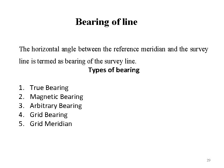 Bearing of line The horizontal angle between the reference meridian and the survey line