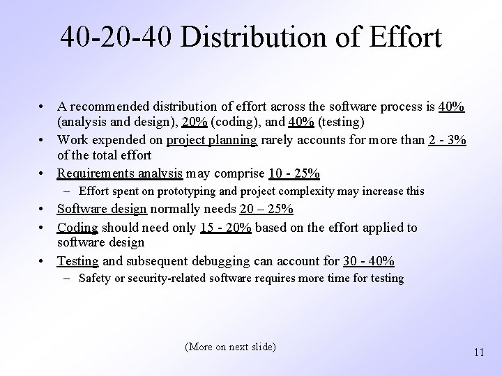 40 -20 -40 Distribution of Effort • A recommended distribution of effort across the