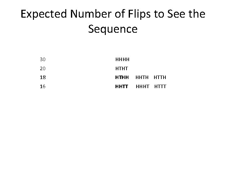 Expected Number of Flips to See the Sequence 30 HHHH 20 HTHT 18 HTHH