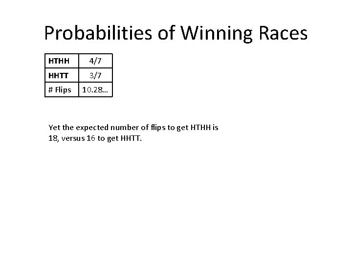 Probabilities of Winning Races HTHH 4/7 HHTT 3/7 # Flips 10. 28… Yet the