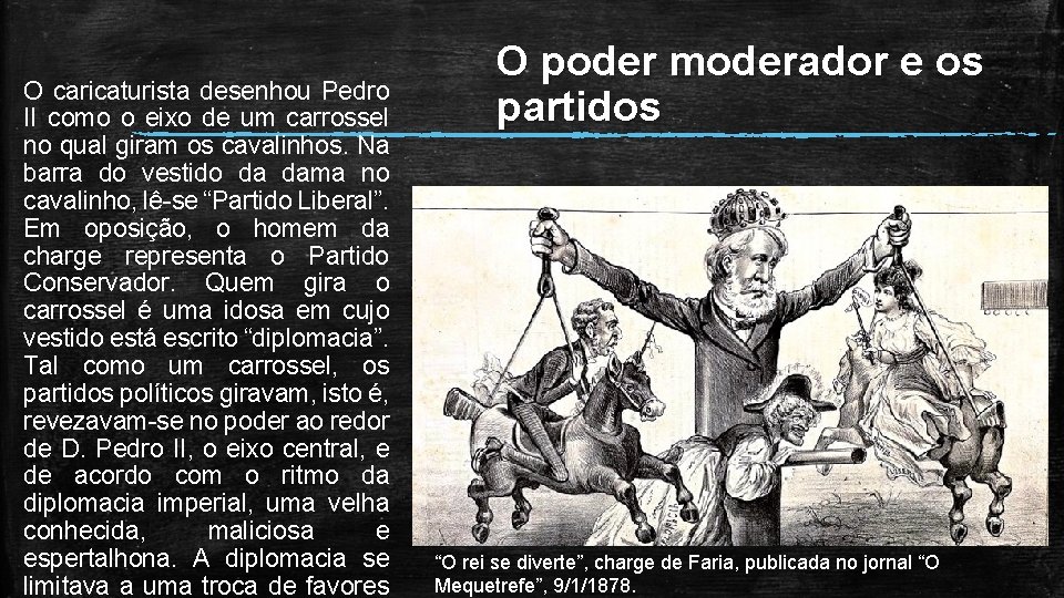 O caricaturista desenhou Pedro II como o eixo de um carrossel no qual giram O caricaturista desenhou Pedro II como o eixo de um carrossel no qual giram