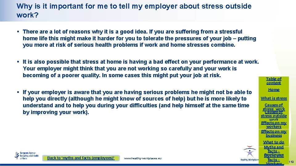 Why is it important for me to tell my employer about stress outside work?