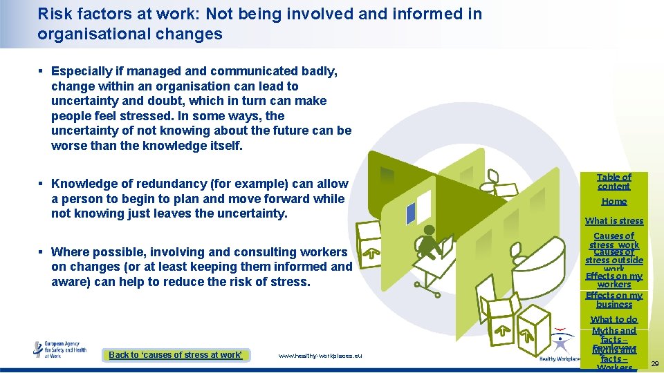 Risk factors at work: Not being involved and informed in organisational changes § Especially