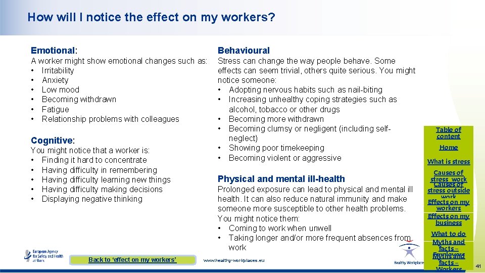 How will I notice the effect on my workers? Emotional: Behavioural A worker might