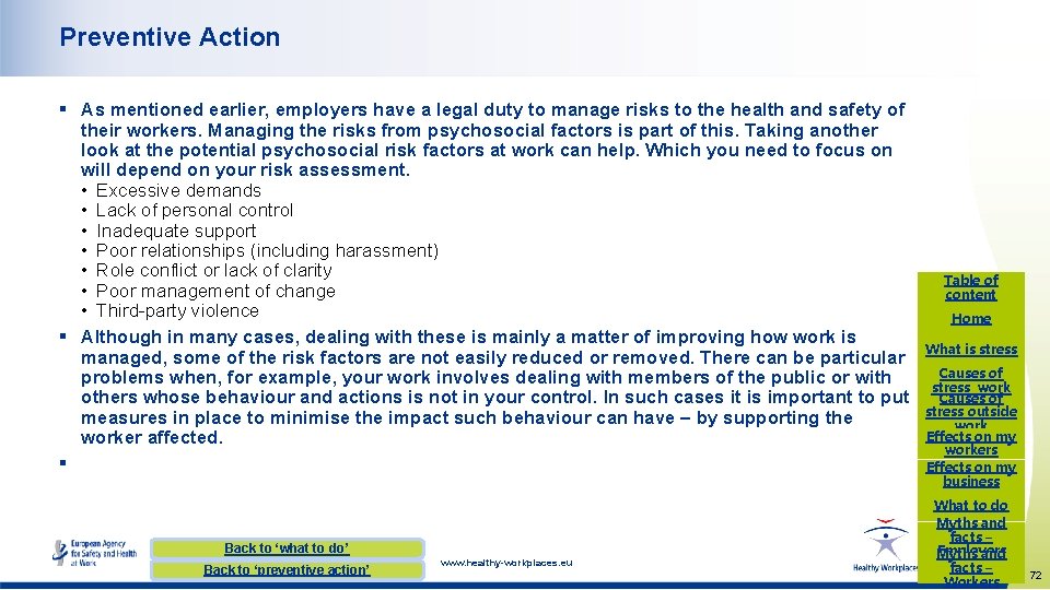 Preventive Action § As mentioned earlier, employers have a legal duty to manage risks