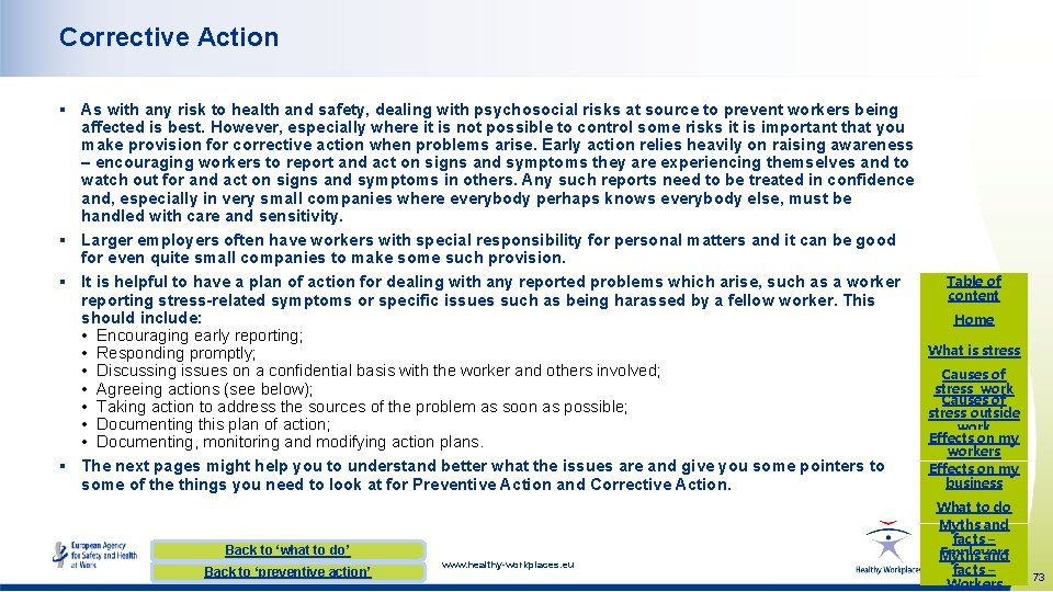 Corrective Action § As with any risk to health and safety, dealing with psychosocial