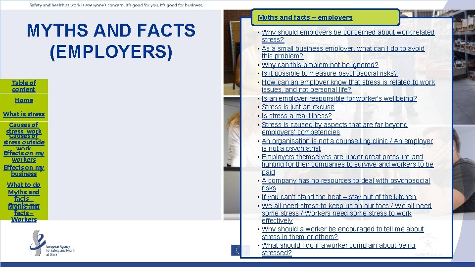 MYTHS AND FACTS (EMPLOYERS) Table of content Home What is stress Causes of stress MYTHS AND FACTS (EMPLOYERS) Table of content Home What is stress Causes of stress