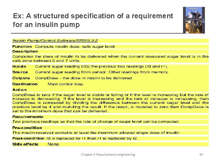 Ex: A structured specification of a requirement for an insulin pump Chapter 4 Requirements