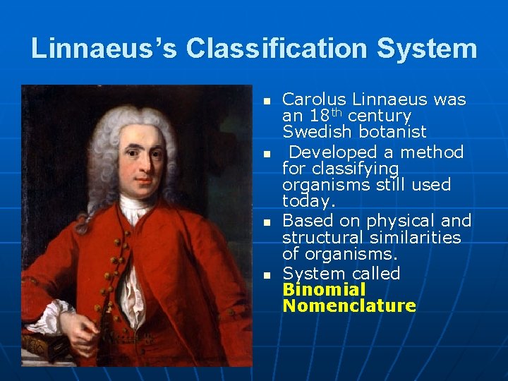 Linnaeus’s Classification System n n Carolus Linnaeus was an 18 th century Swedish botanist