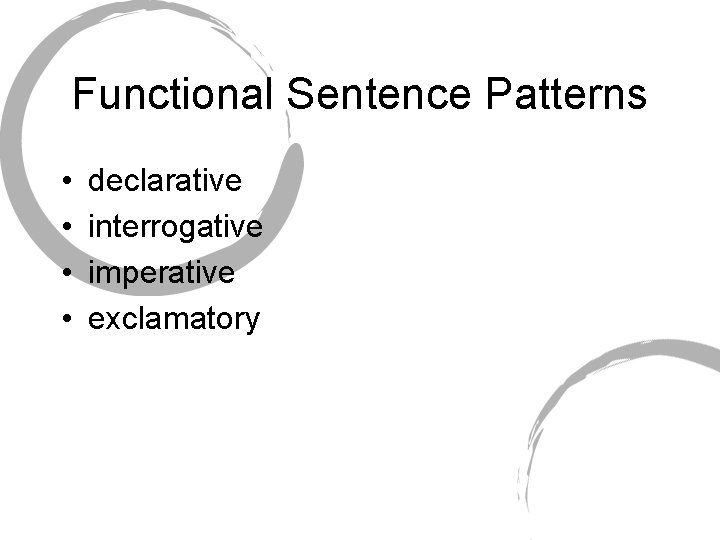 Functional Sentence Patterns • • declarative interrogative imperative exclamatory 