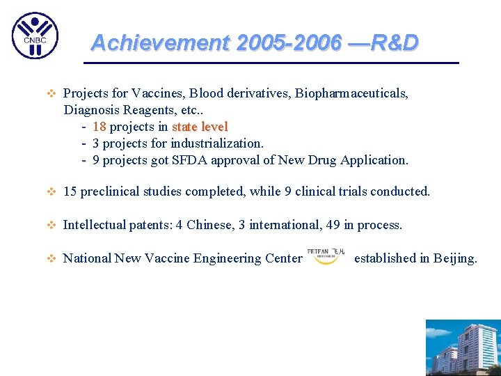 Achievement 2005 -2006 —R&D v Projects for Vaccines, Blood derivatives, Biopharmaceuticals, Diagnosis Reagents, etc.