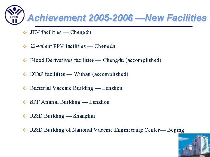 Achievement 2005 -2006 —New Facilities v JEV facilities — Chengdu v 23 -valent PPV