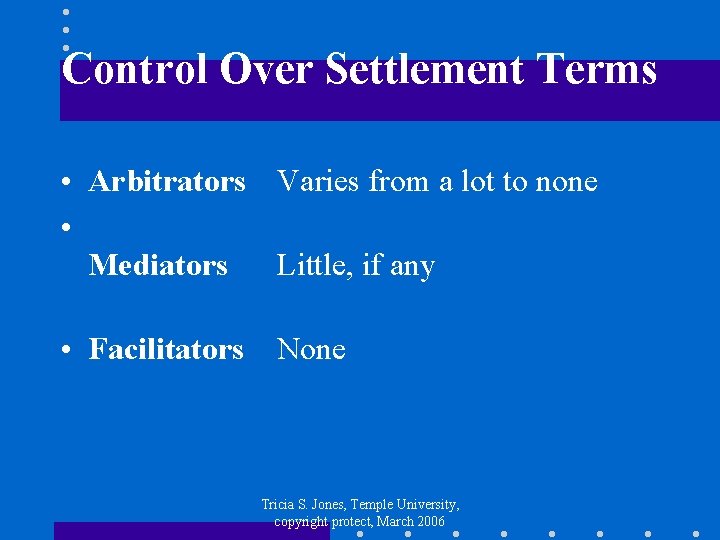 Control Over Settlement Terms • Arbitrators Varies from a lot to none • Mediators