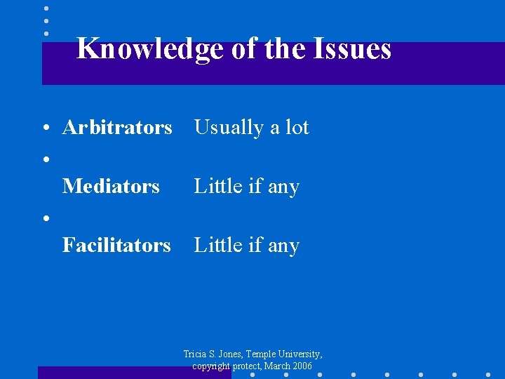 Knowledge of the Issues • Arbitrators Usually a lot • Mediators Little if any