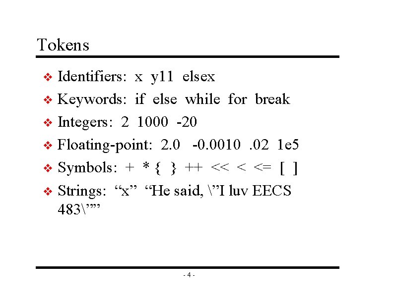 Tokens Identifiers: x y 11 elsex v Keywords: if else while for break v