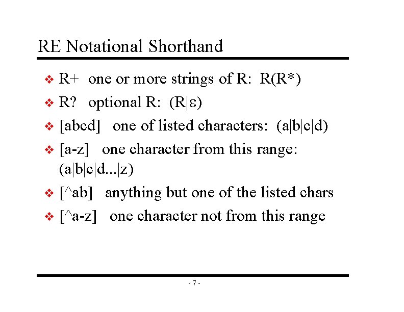 RE Notational Shorthand R+ one or more strings of R: R(R*) v R? optional