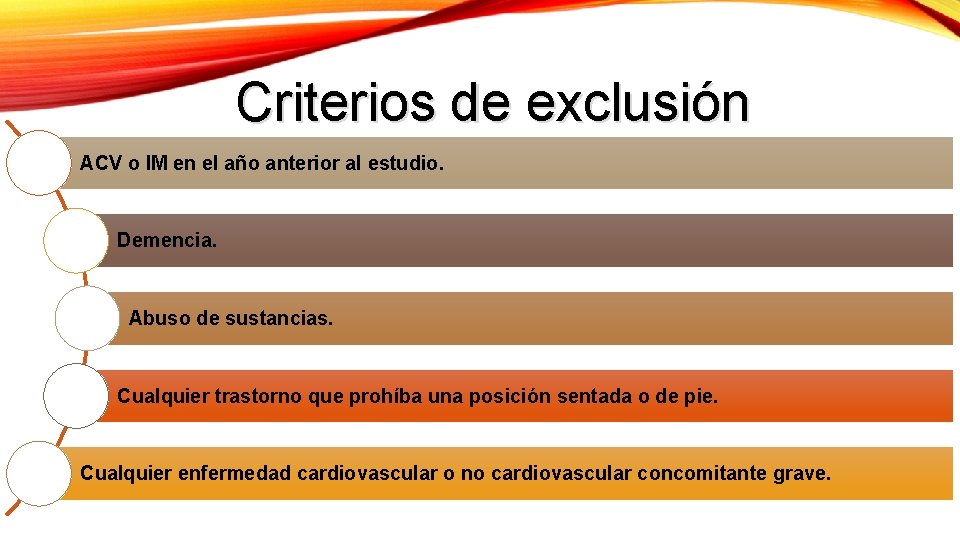 Criterios de exclusión ACV o IM en el año anterior al estudio. Demencia. Abuso Criterios de exclusión ACV o IM en el año anterior al estudio. Demencia. Abuso